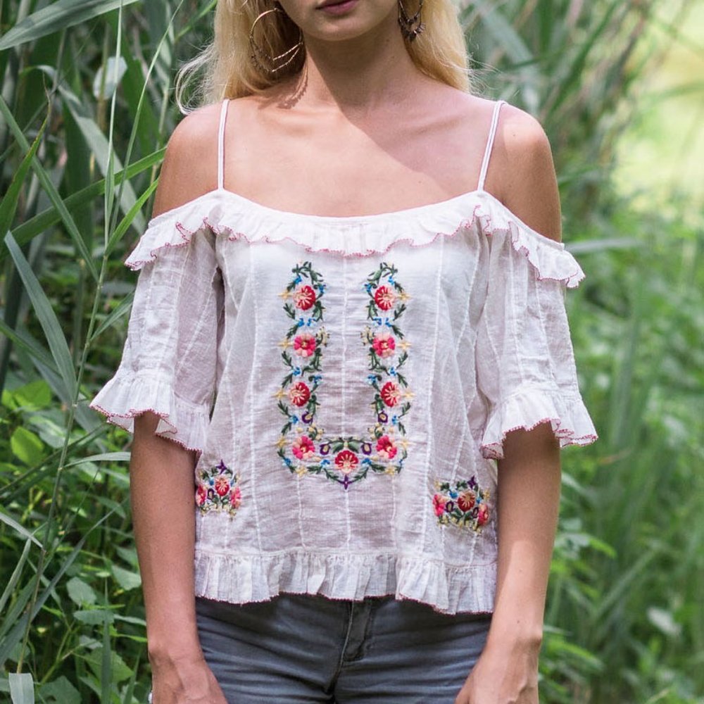 Cold Shoulder Top with Colorful Flower Embroidery
